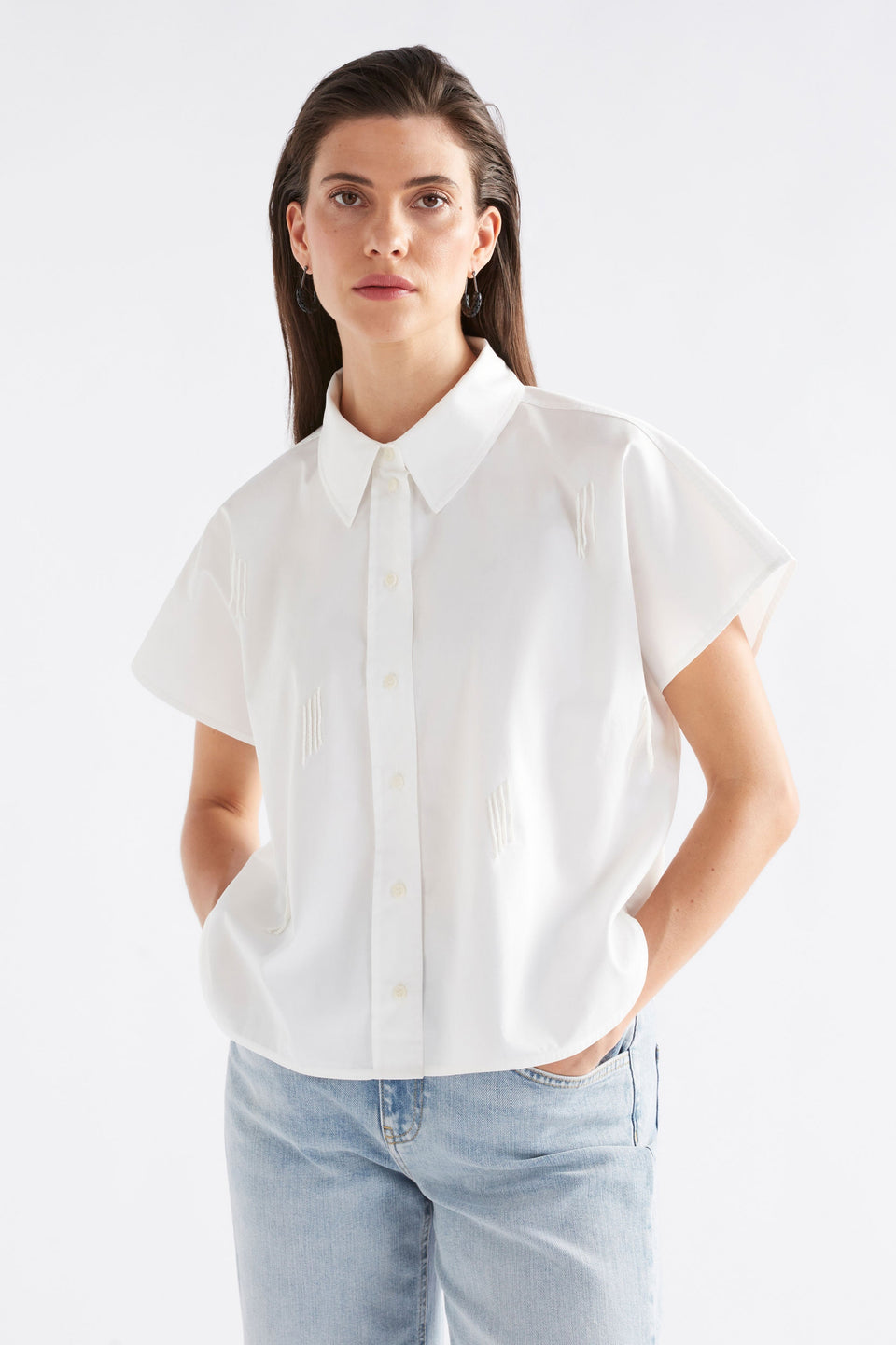 Klode Relaxed Fit Short Sleeve Crop Shirt With Subtle Bead Detail Model Front | WHITE