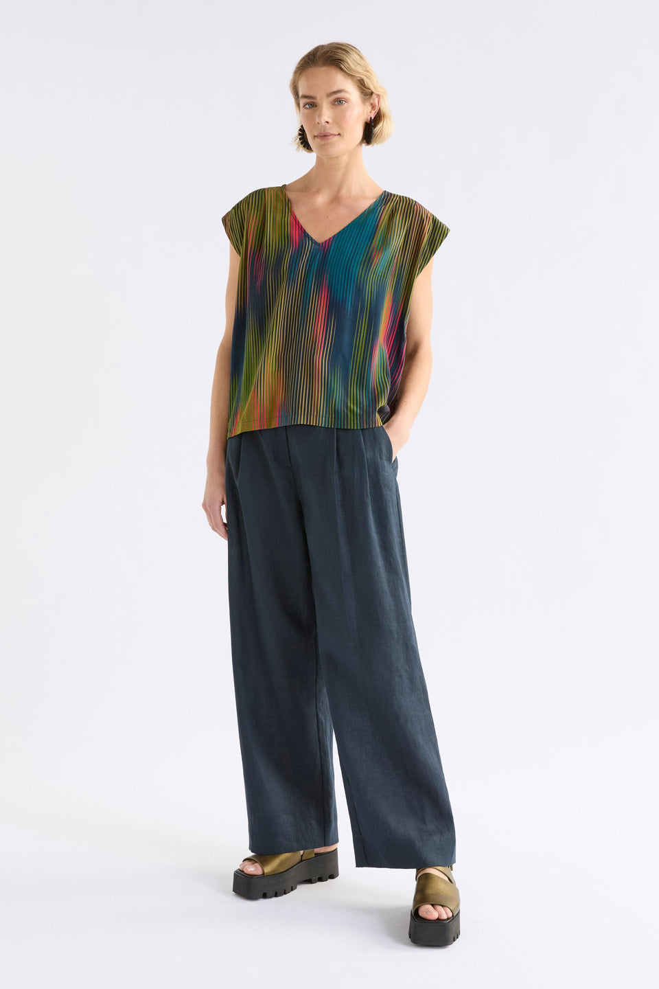 Kirra V-neck Short Sleeve Silky Evening day Top ELK model Front Full Body Untucked | ARRAN STRIPE PRINT