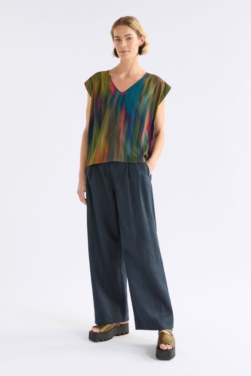 Kirra V-neck Short Sleeve Silky Evening day Top ELK model Front Full Body Untucked | ARRAN STRIPE PRINT