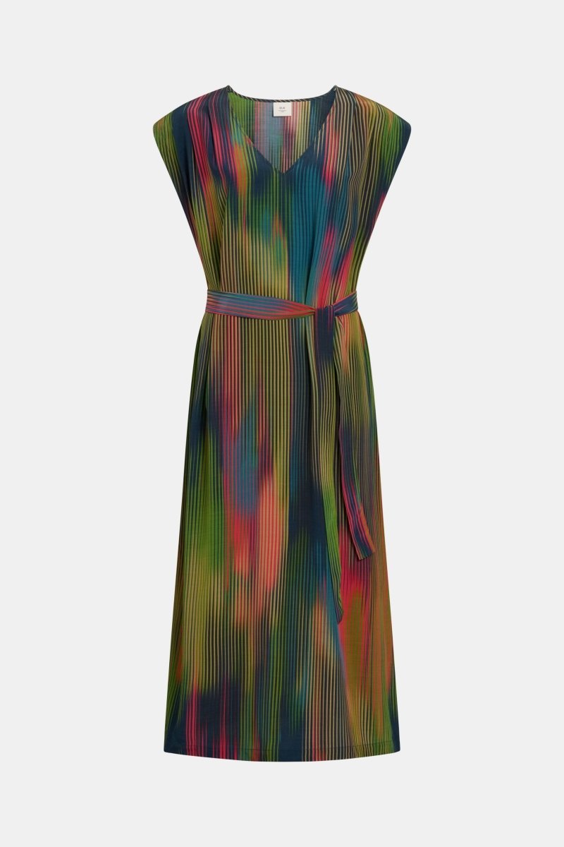 Kirra Multi Coloured Short Sleeve V-Neck Midi Dress Front ELK | ARRAN STRIPE PRINT