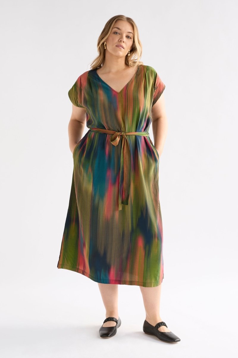 Kirra Multi Coloured Short Sleeve V-Neck Midi Dress Curve Model Front ELK | ARRAN STRIPE PRINT