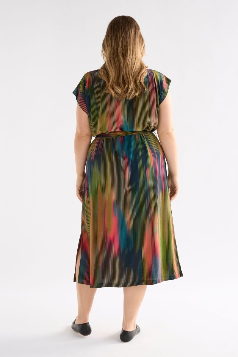 Kirra Multi Coloured Short Sleeve V-Neck Midi Dress Curve Model Back ELK | ARRAN STRIPE PRINT
