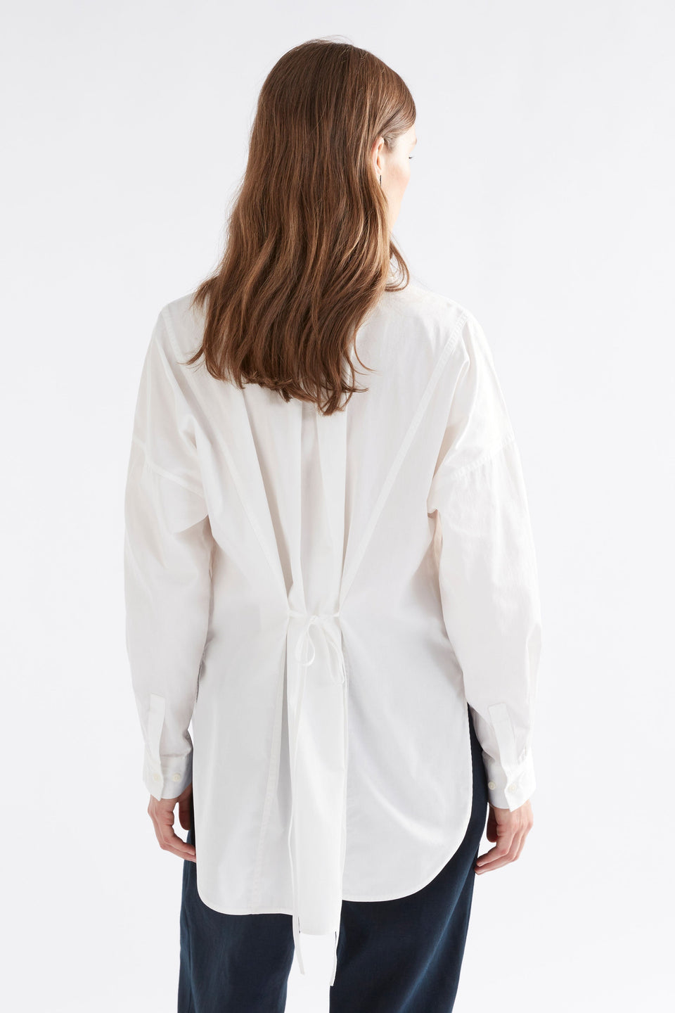 Tiga Organic Cotton Back Pleat and Tie Detail Shirt Model Back | WHITE
