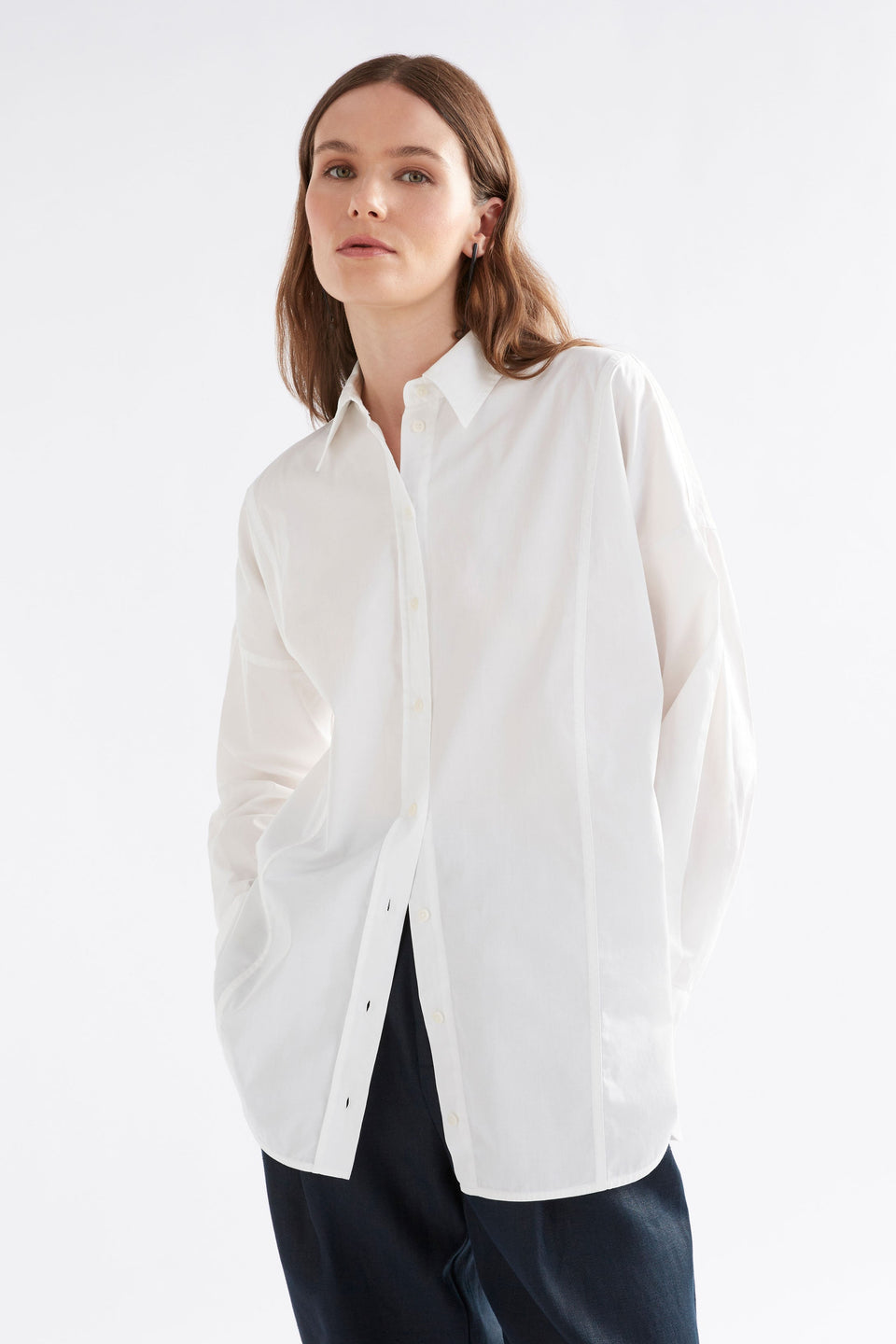 Tiga Organic Cotton Back Pleat and Tie Detail Shirt Model front | WHITE
