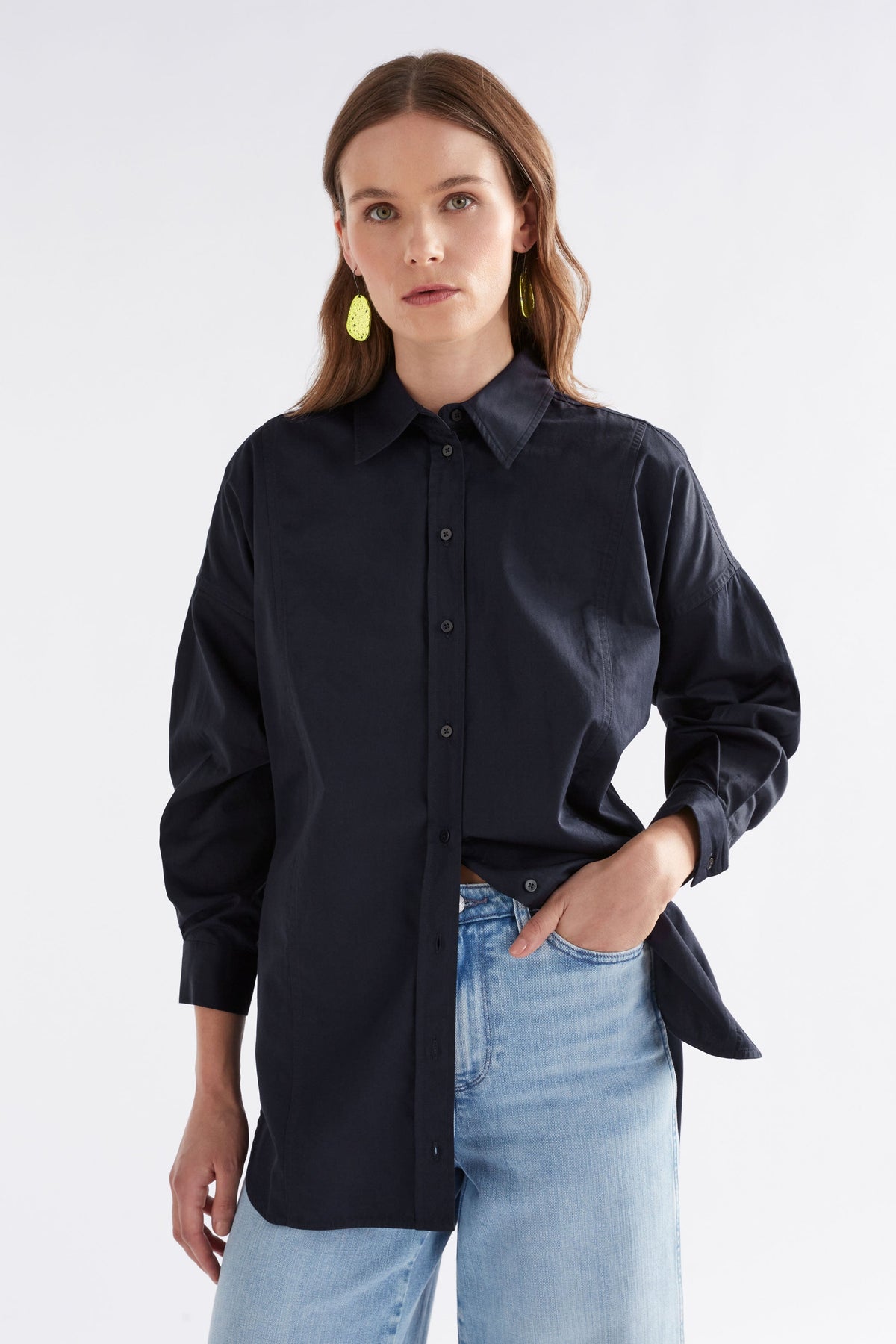 Tiga Organic Cotton Back Pleat and Tie Detail Shirt Model Front | NEW NAVY