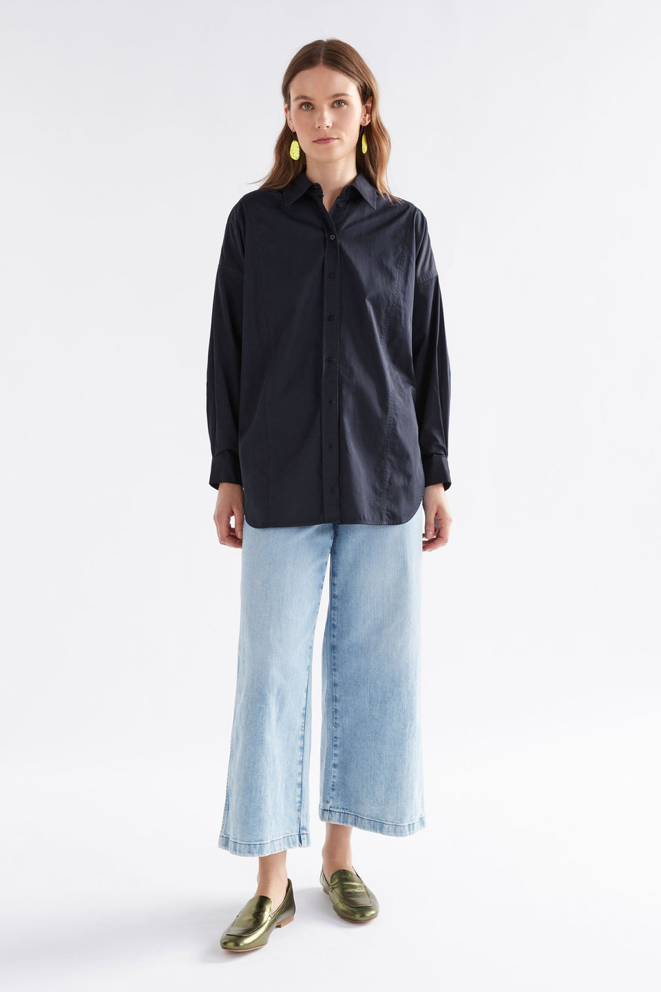 Tiga Organic Cotton Back Pleat and Tie Detail Shirt Model Front Full Body | NEW NAVY