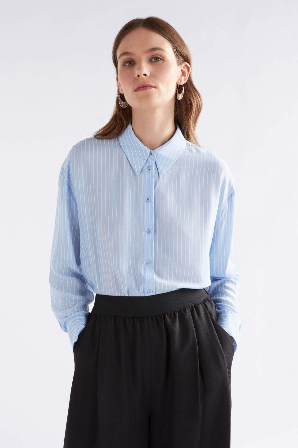 Sera Lightweight Pinstripe Long Sleeve Crop Shirt Model Front | PALE BLUE STRIPE