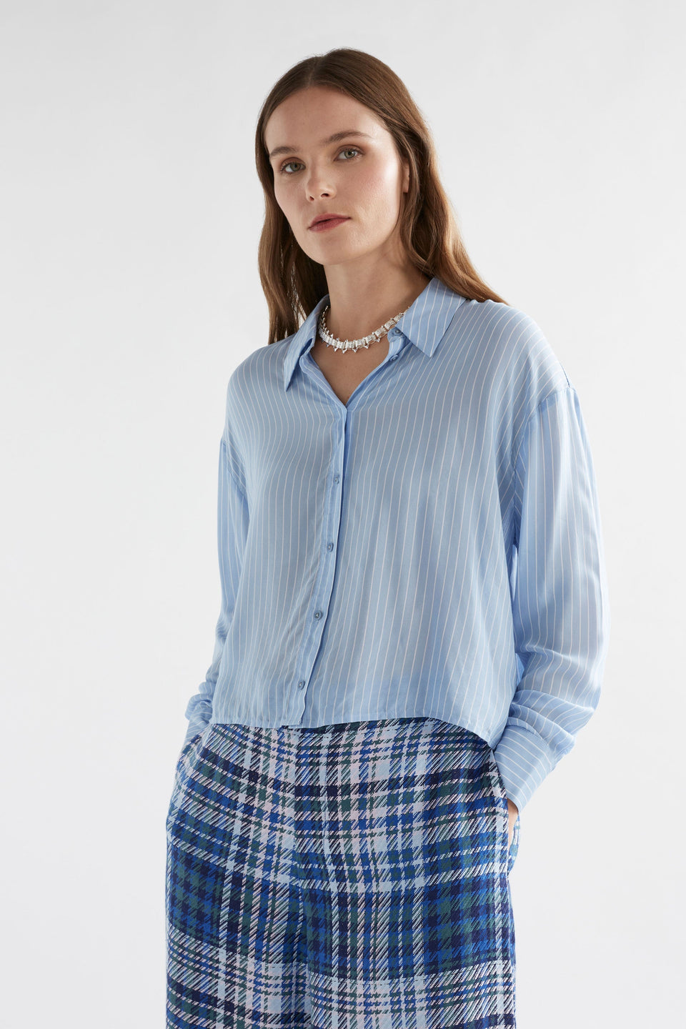 Sera Lightweight Pinstripe Long Sleeve Crop Shirt Model Front untucked | PALE BLUE STRIPE