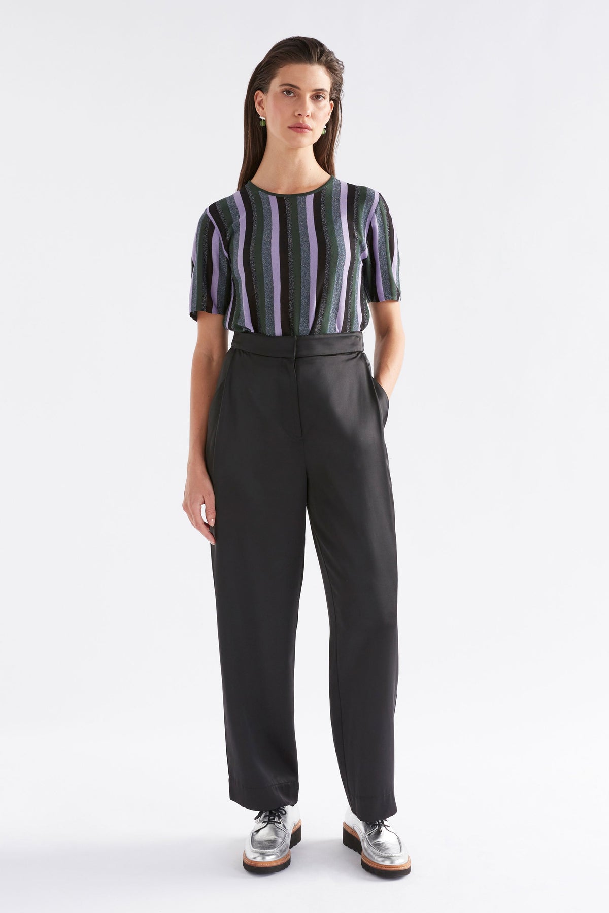 Este Satin Tapered Leg Dress Pant Model Front | BLACK