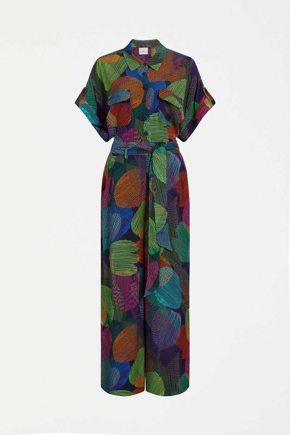 Maar Short Sleeve Wide Leg Print Waisted Jumpsuit Front | OMBRA PRINT