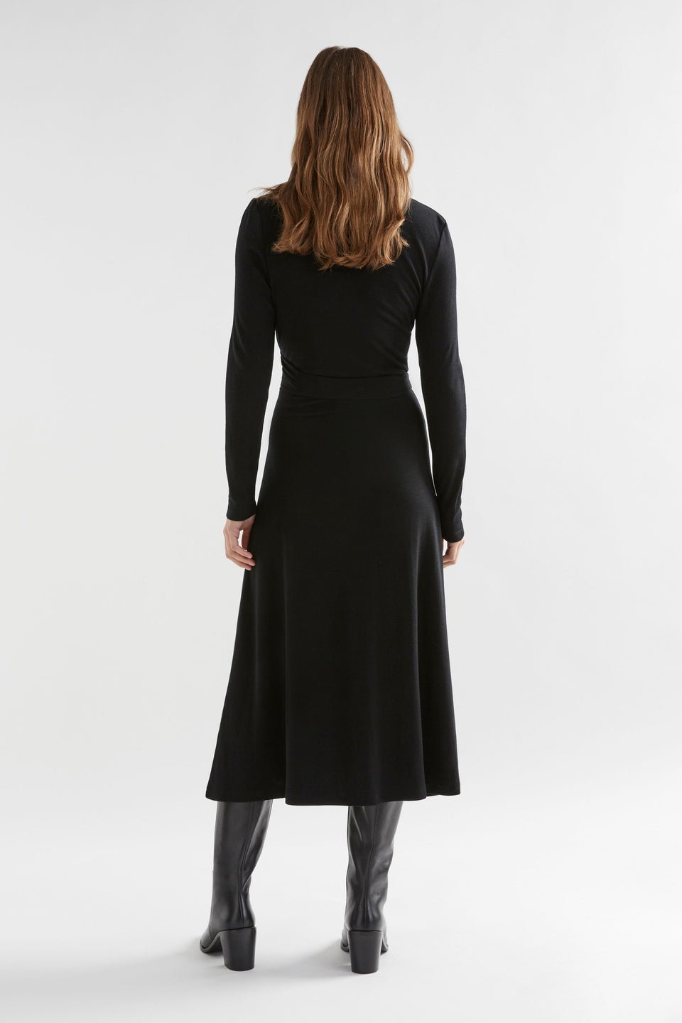 Merino Wool Wrap Collared Long Sleeve Midi Dress Model Back | BLACK
