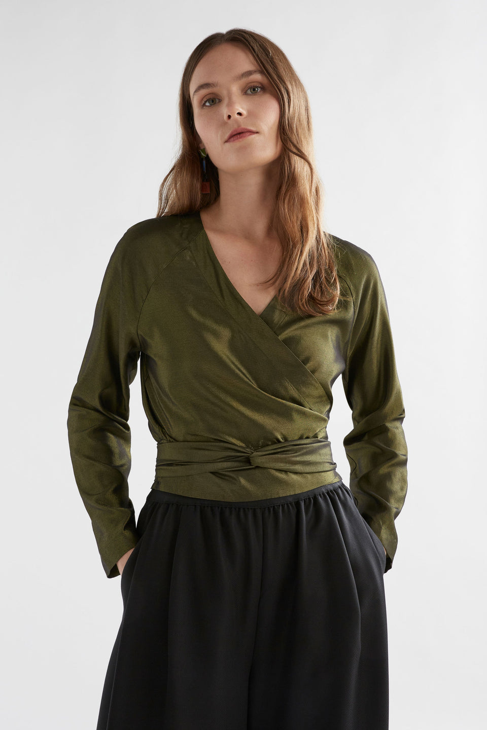 Medjal Metallic Wrap Long Sleeve Top Model Front tied at back | GOLD BLACK
