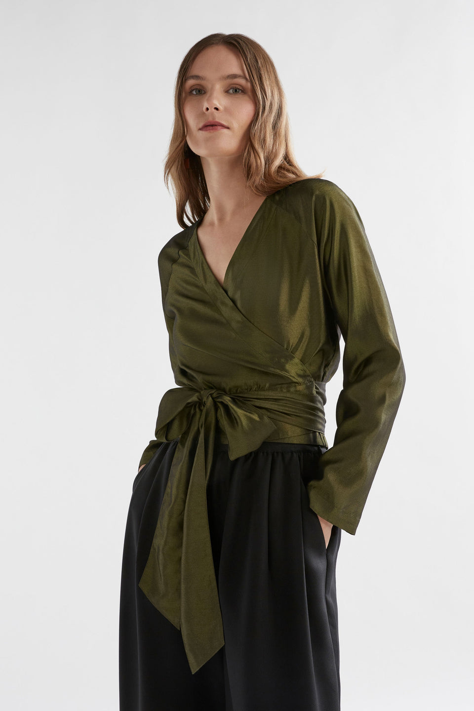 Medjal Metallic Wrap Long Sleeve Top Model Front | GOLD BLACK