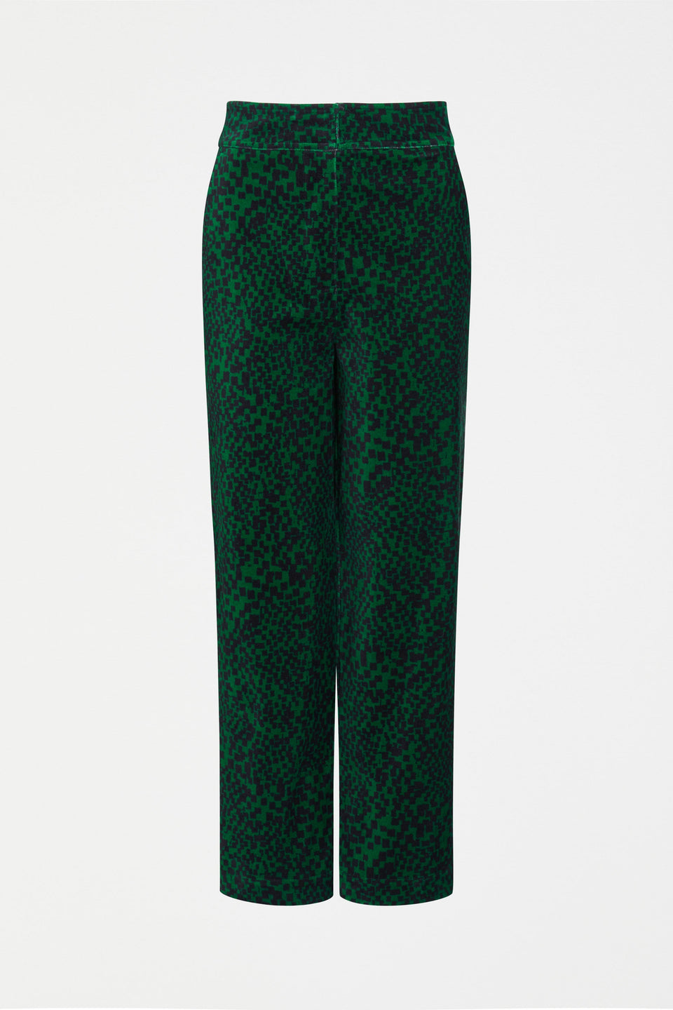 Atles High Waisted Tapered Leg Dark Green Pattern Cut Cord Pant Front | GREEN SINDA PRINT