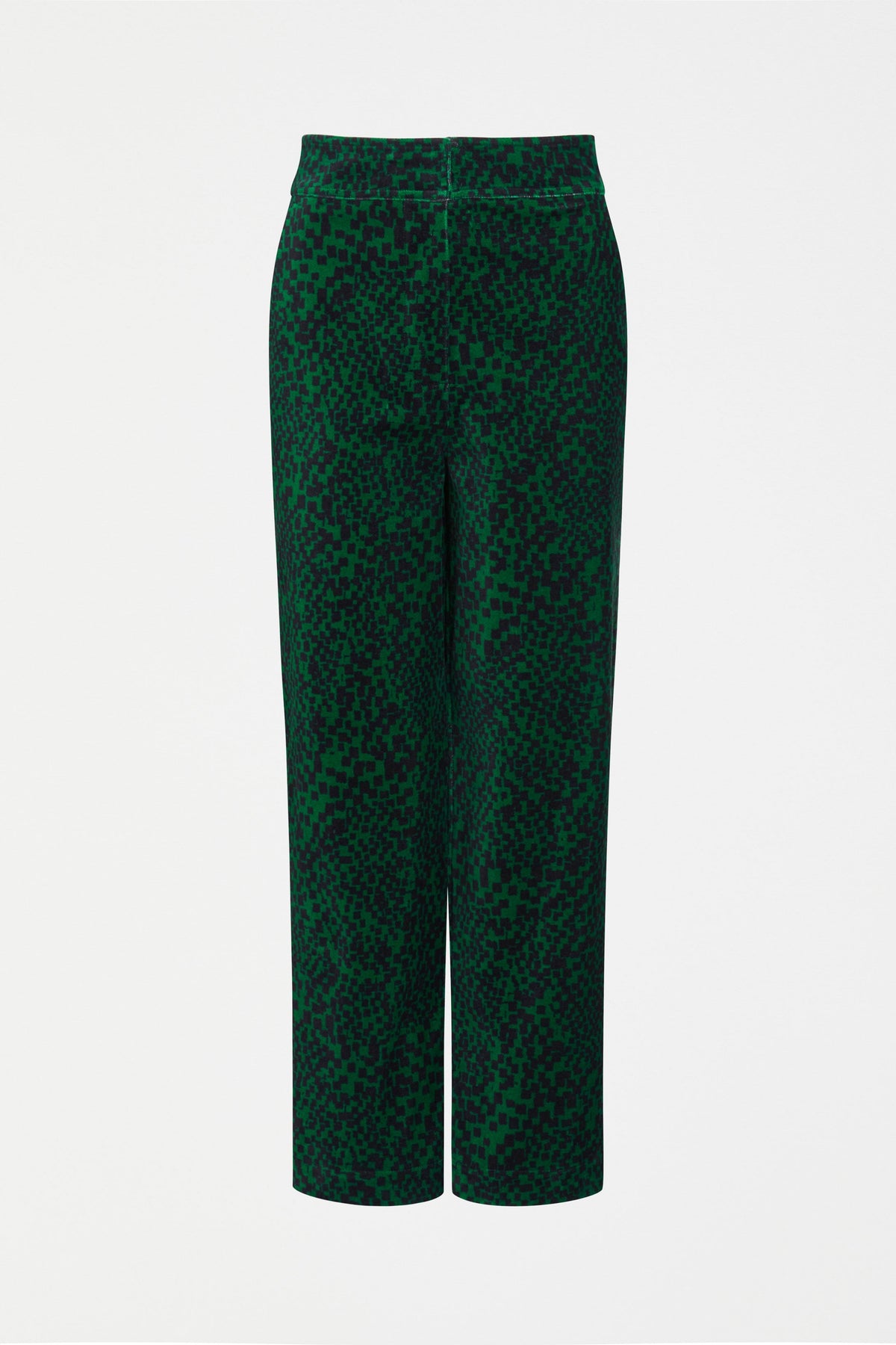 Atles High Waisted Tapered Leg Dark Green Pattern Cut Cord Pant Front | GREEN SINDA PRINT