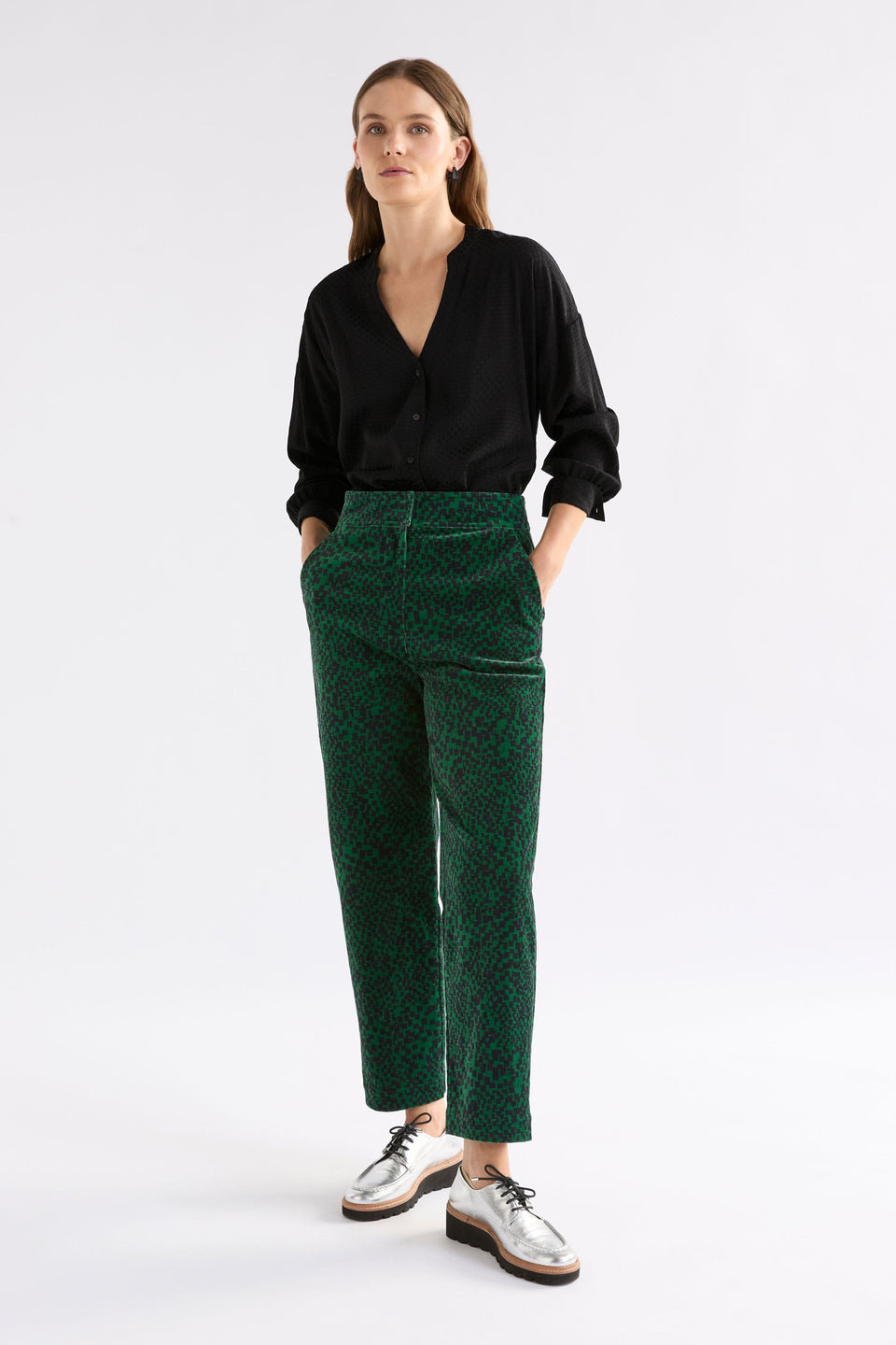 Atles High Waisted Tapered Leg Dark Green Pattern Cut Cord Pant Model Front | GREEN SINDA PRINT