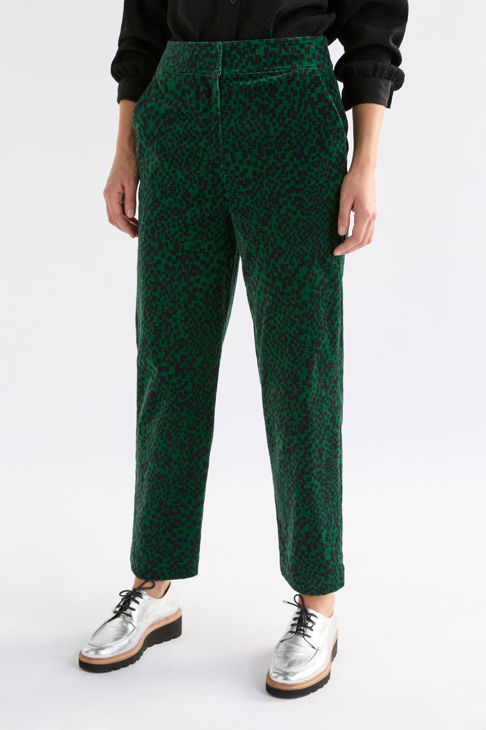 Atles High Waisted Tapered Leg Dark Green Pattern Cut Cord Pant Model Front crop | GREEN SINDA PRINT