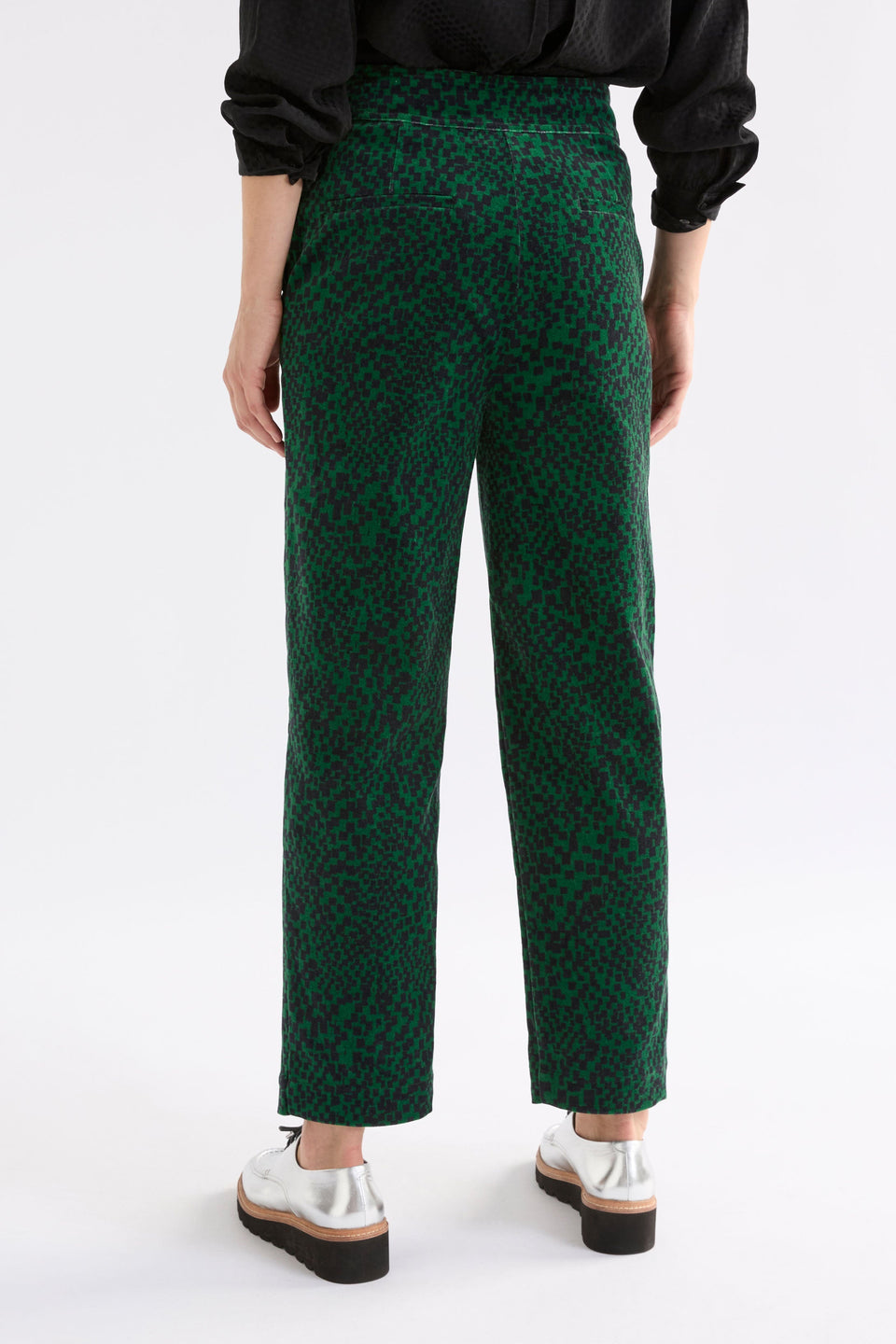 Atles High Waisted Tapered Leg Dark Green Pattern Cut Cord Pant Model Back | GREEN SINDA PRINT