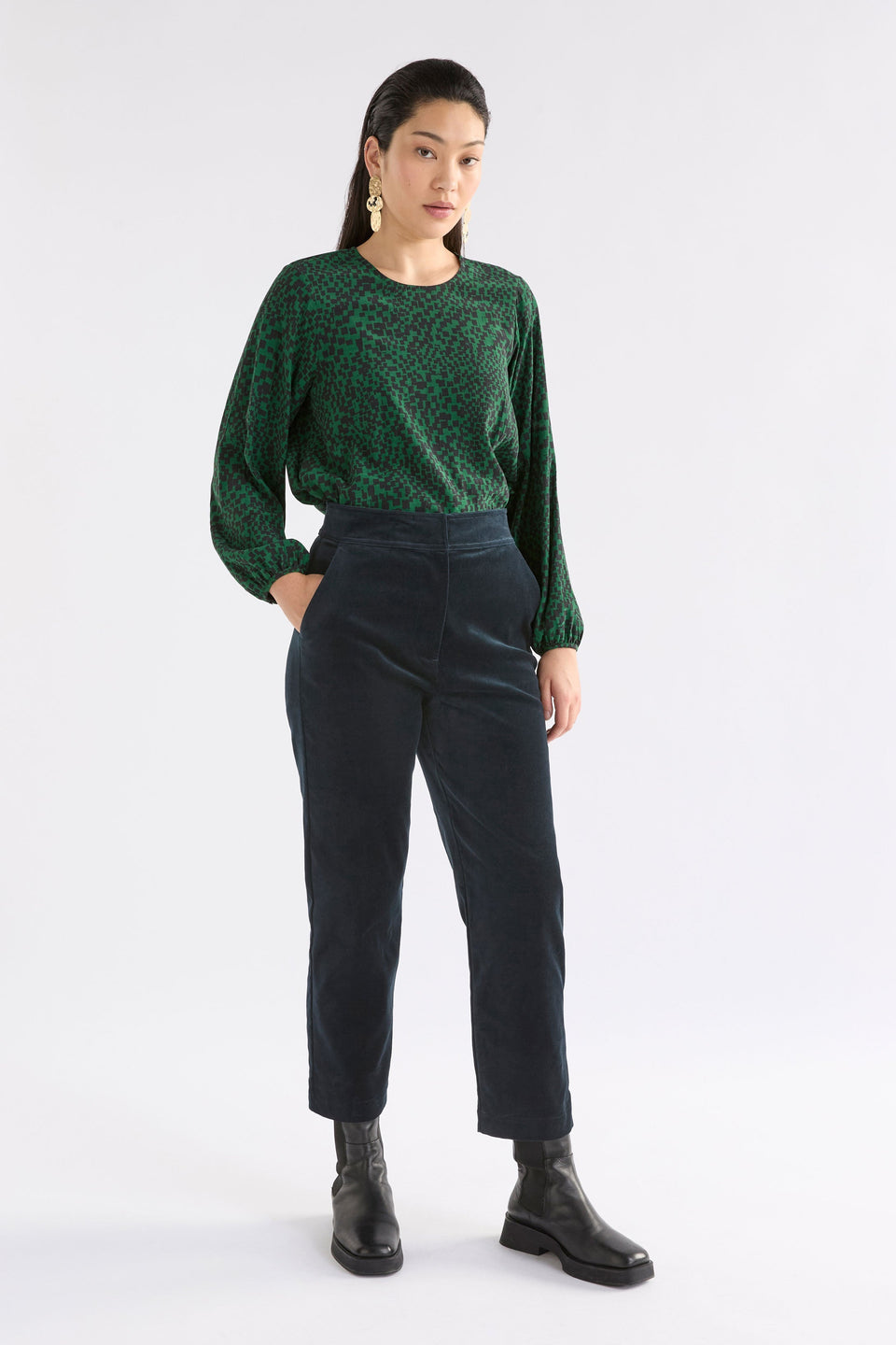 Atles High Waisted Tapered Leg Dark Blue Cut Cord Pant Model Front | CARBON
