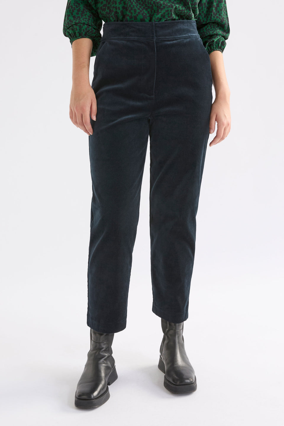 Atles High Waisted Tapered Leg Dark Blue Cut Cord Pant Model Front crop | CARBON