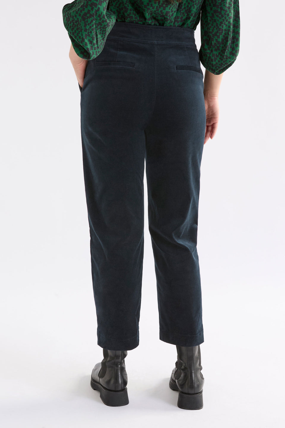 Atles High Waisted Tapered Leg Dark Blue Cut Cord Pant Model Back | CARBON