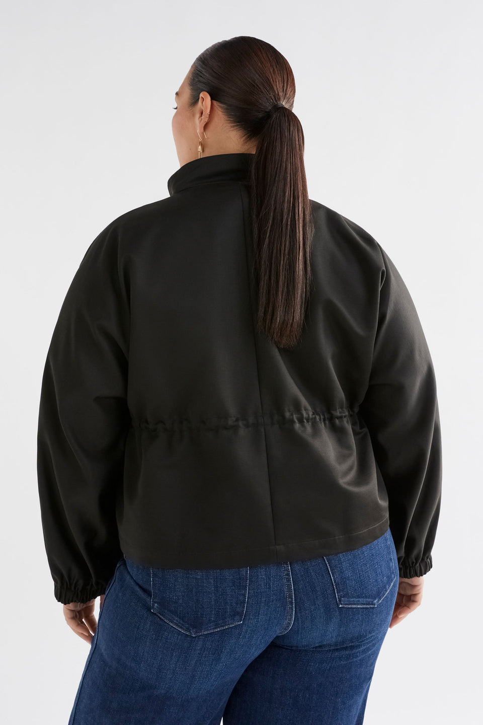 Kobi Cotton Drawstring Waist Short Jacket Curve Model Back | BLACK