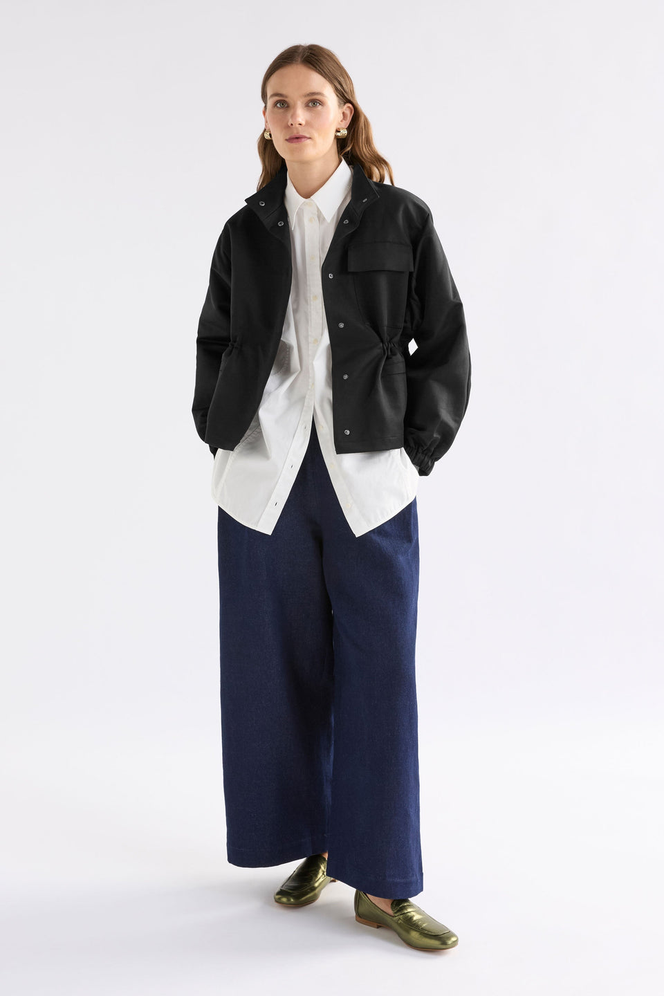 Kobi Cotton Drawstring Waist Short Jacket Model Front Full Body | BLACK