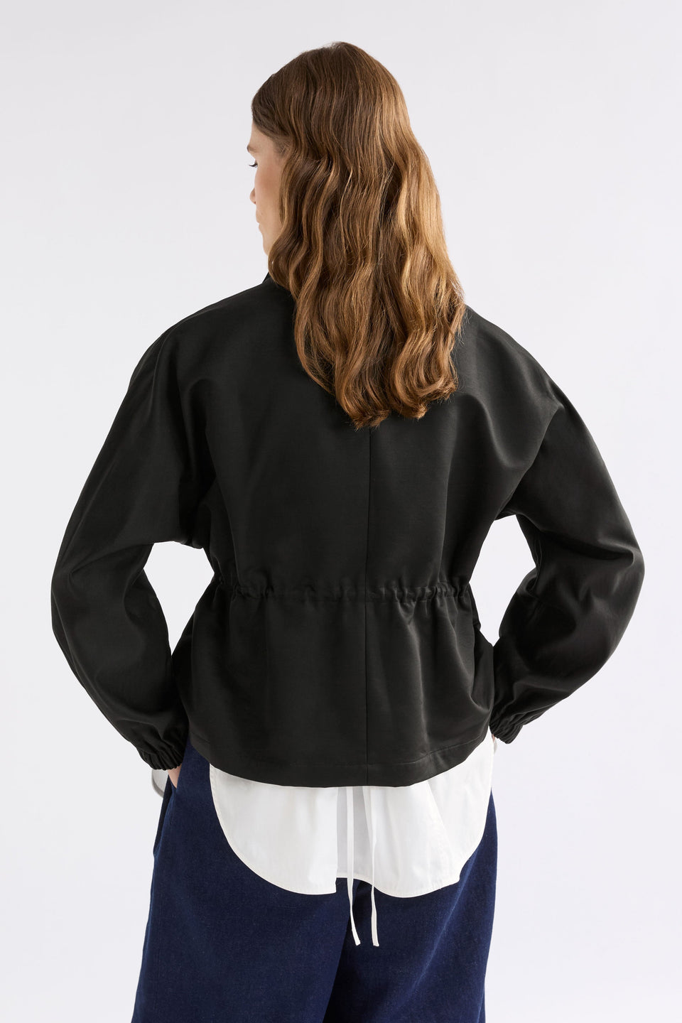 Kobi Cotton Drawstring Waist Short Jacket Model Back | BLACK
