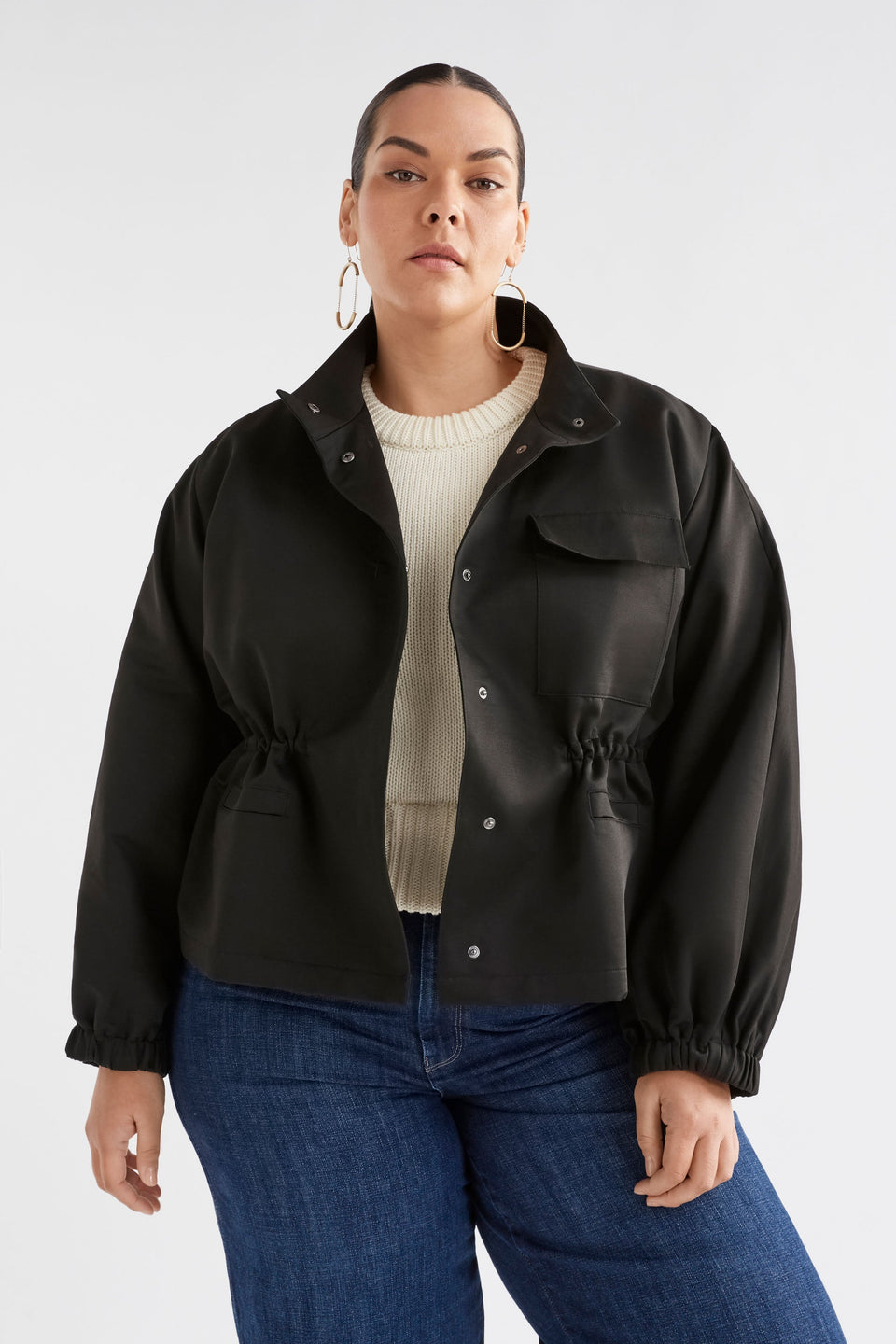 Kobi Cotton Drawstring Waist Short Jacket Curve Model Front | BLACK