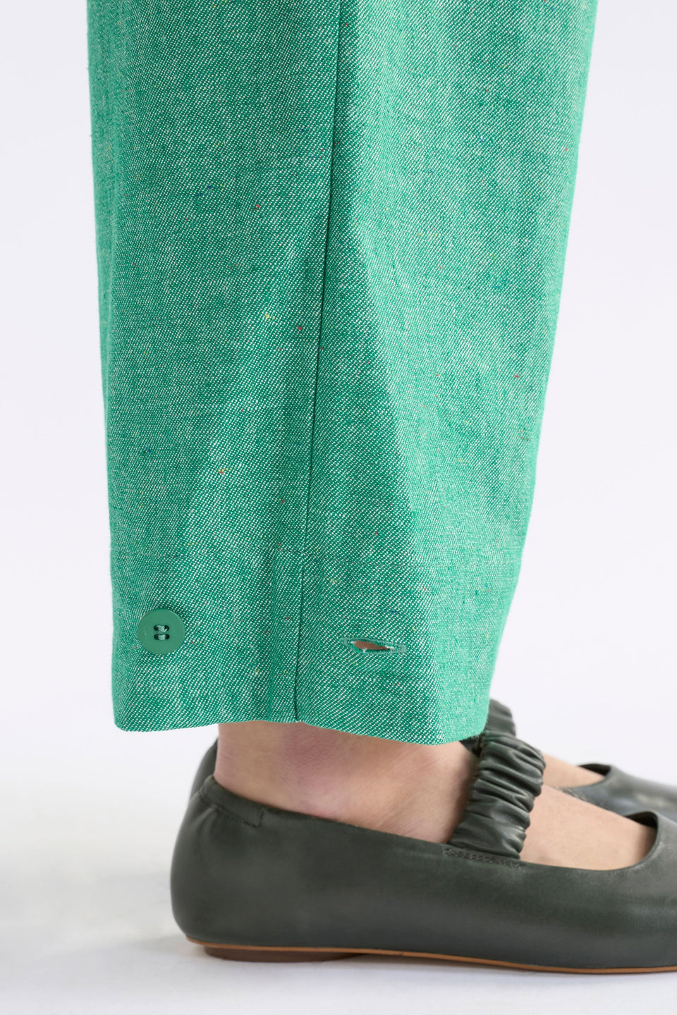 Alpah High Waisted Wide Waist Band and Leg Linen Organic Cotton Pant Model Hem detail unbuttoned | GREEN SPECKLE