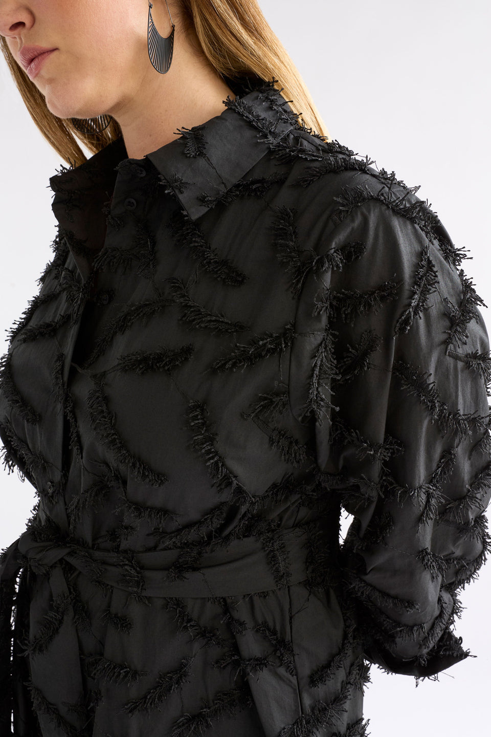 Etra Statement Embroidered Organic Cotton Long Sleeve Shirt Dress Model Chanel Front detail | BLACK