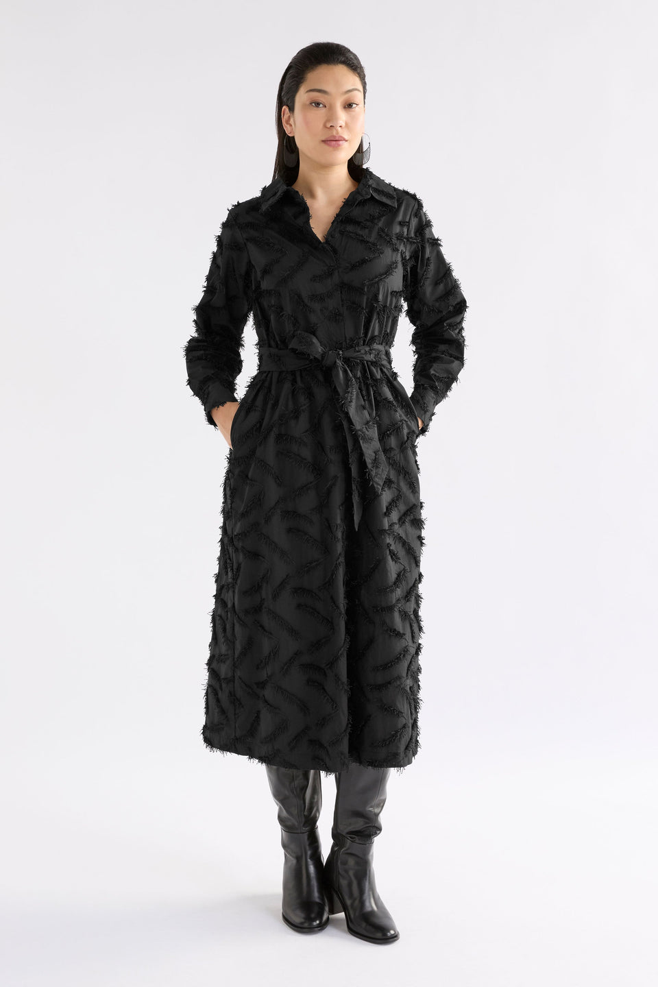 Etra Statement Embroidered Organic Cotton Long Sleeve Shirt Dress Model Front | BLACK