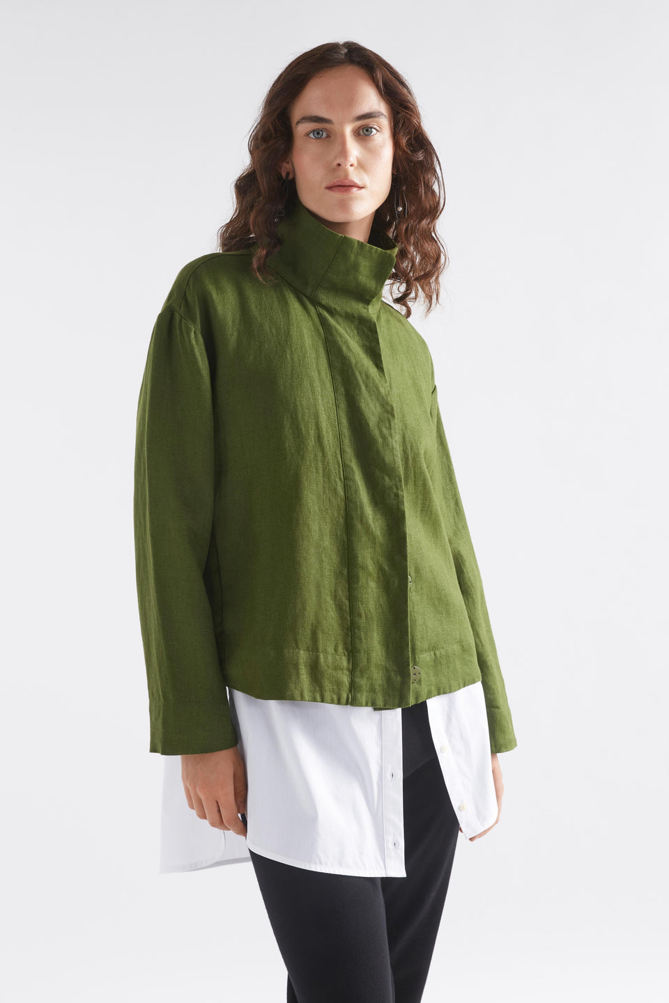Hofer Funnel Neck Linen Snap Closure Short Jacket Model Angled Front | OLIVE