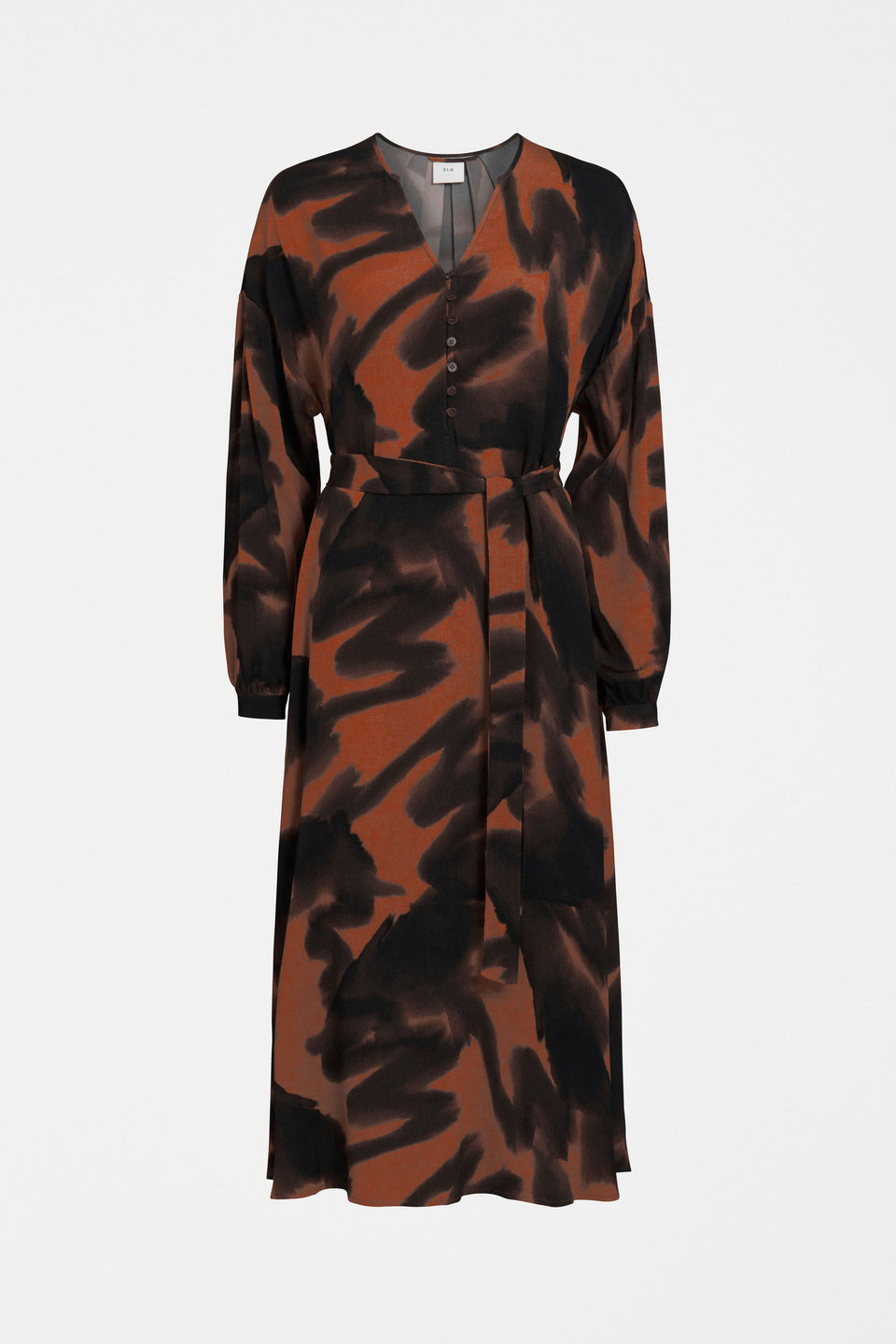 Osmi Button Down Print Crepe Long Sleeve Midi Dress Front | TORTOISE SHELL PRINT