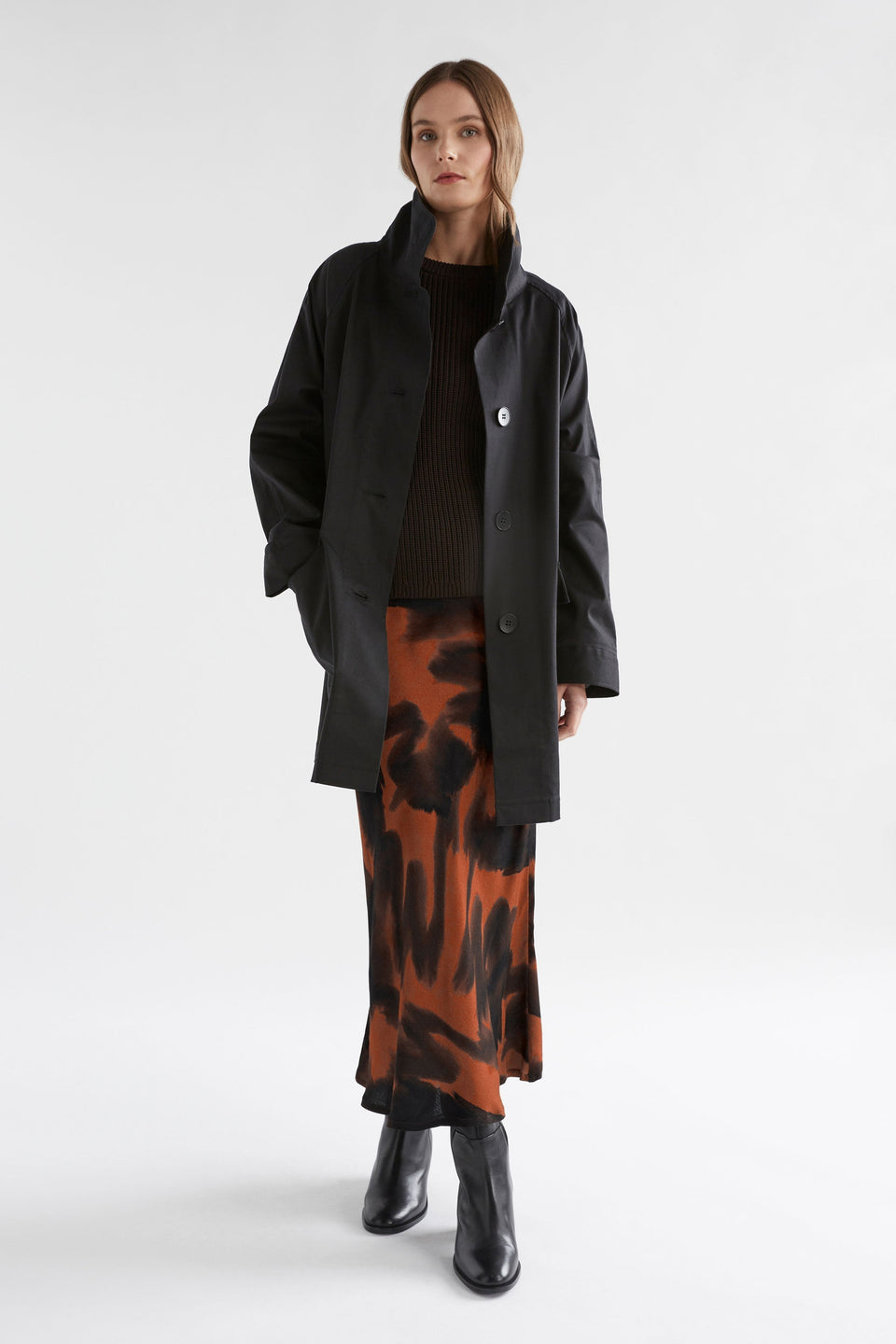 Quinn Midi Elastic Waist Bias Cut Print Skirt Model Front with Jacket | TORTOISE SHELL PRINT