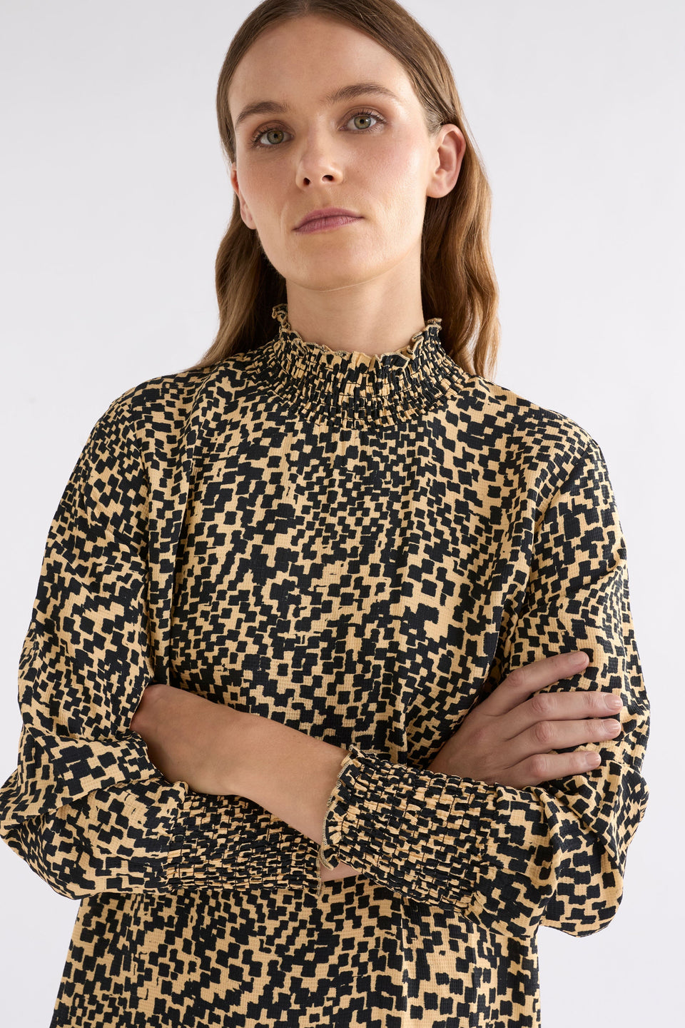 Veda Shirred Neck Detail Long Sleeve Shift Dress Model Front detail | BEIGE SINDA PRINT