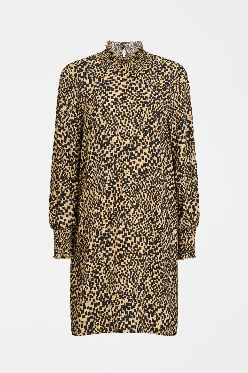 Veda Shirred Neck Detail Long Sleeve Shift Dress Curve Model Front | BEIGE SINDA PRINT