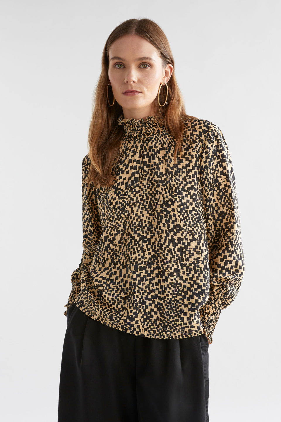 Veda Shirred Neck and Cuff Long Sleeve Top Model Front | BEIGE SINDA