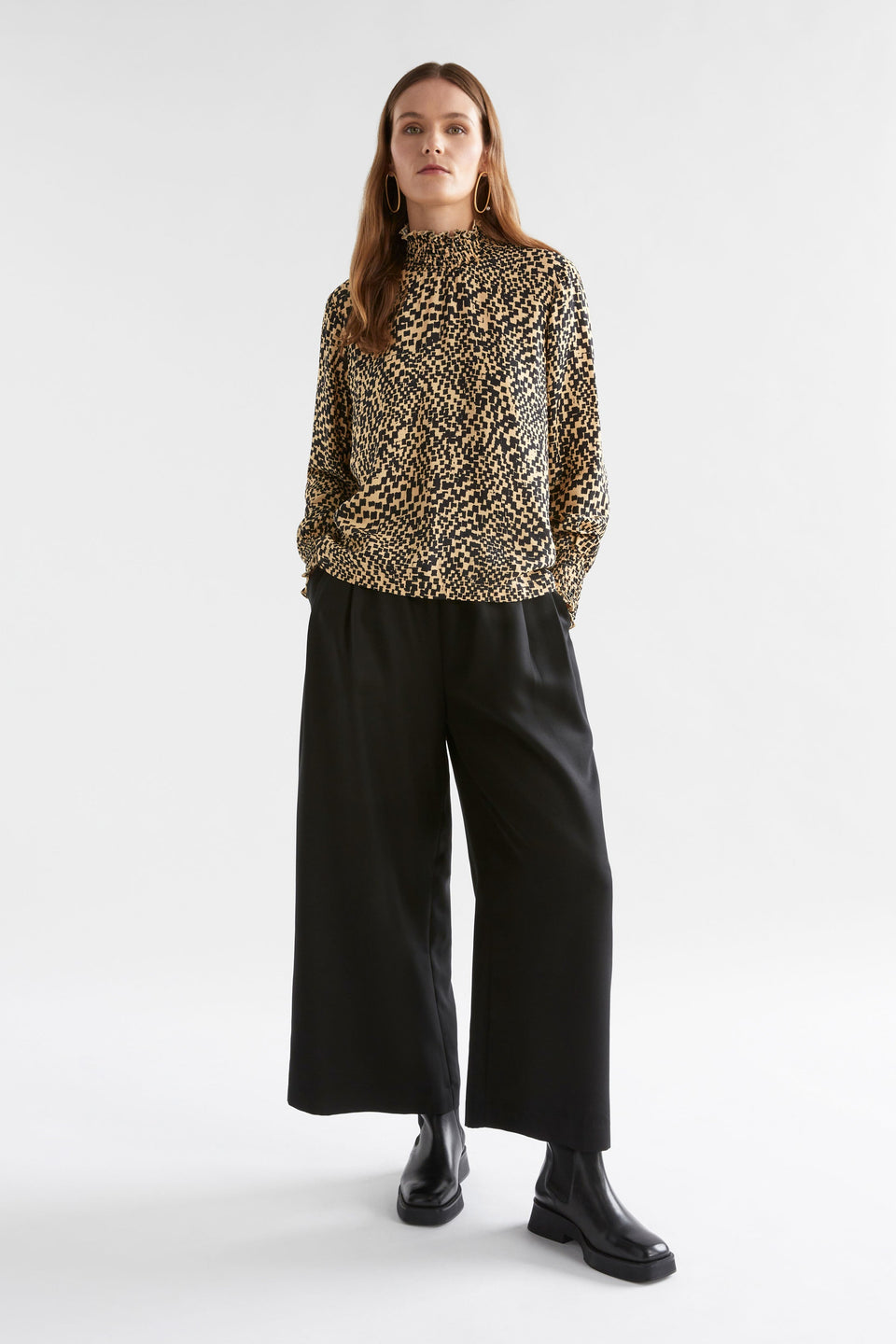 Veda Shirred Neck and Cuff Long Sleeve Top Model Front Full Body | BEIGE SINDA PRINT