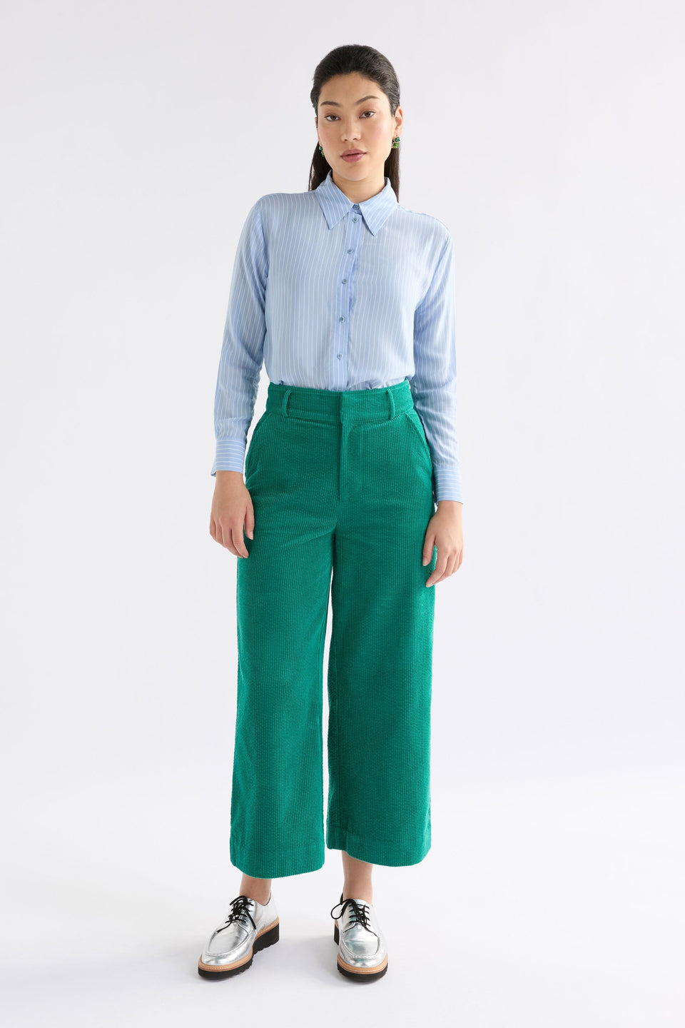 Rhes Organic Cotton Chunky Wide Leg High Rise Cord Pant Model Front | ISLAND GREEN