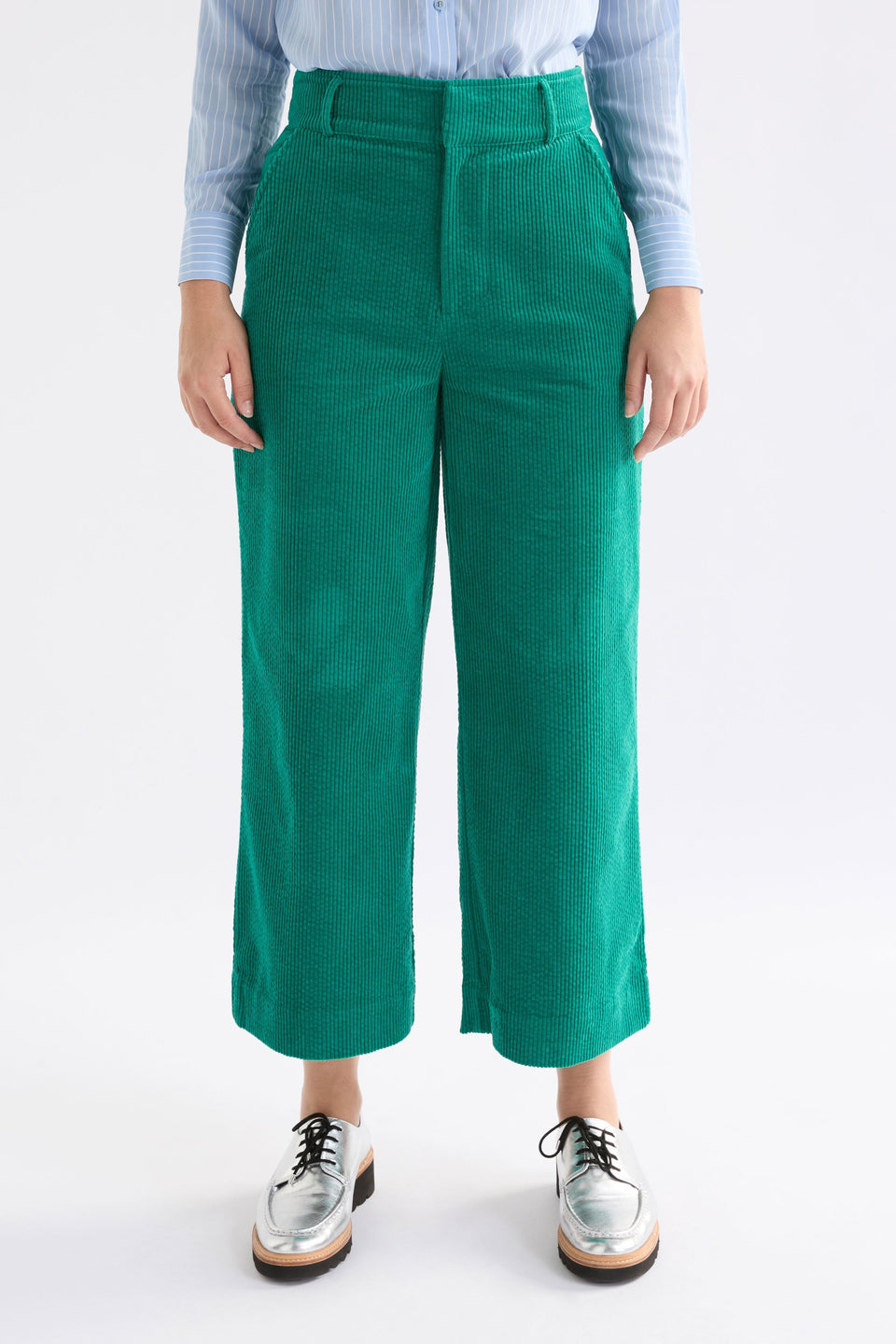 Rhes Organic Cotton Chunky Wide Leg High Rise Cord Pant Model Front Crop | ISLAND GREEN