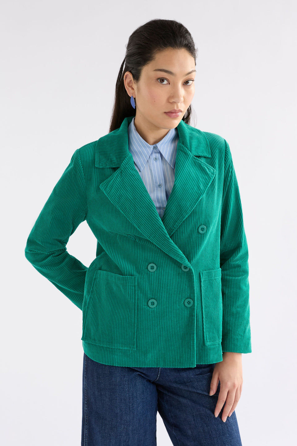 Rhes Organic Cotton Chunky Cord Double Breasted Jacket Model Front Crop | ISLAND GREEN