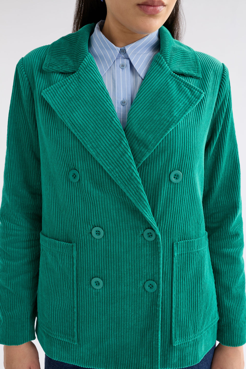 Rhes Organic Cotton Chunky Cord Double Breasted Jacket Model Front Detail | ISLAND GREEN