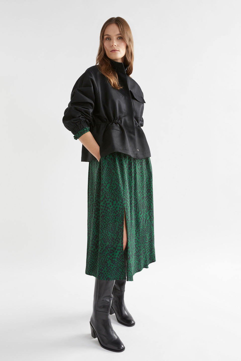 Dega Long Sleeve Asymmetric Hem Print Midi Dress Model Front with Kobi Jacket | GREEN SINDA PRINT