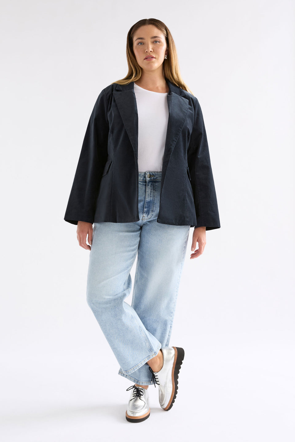 Altes Dark Blue Cut Cord Blazer Jacket Model Chanel Front Full Body | CARBON