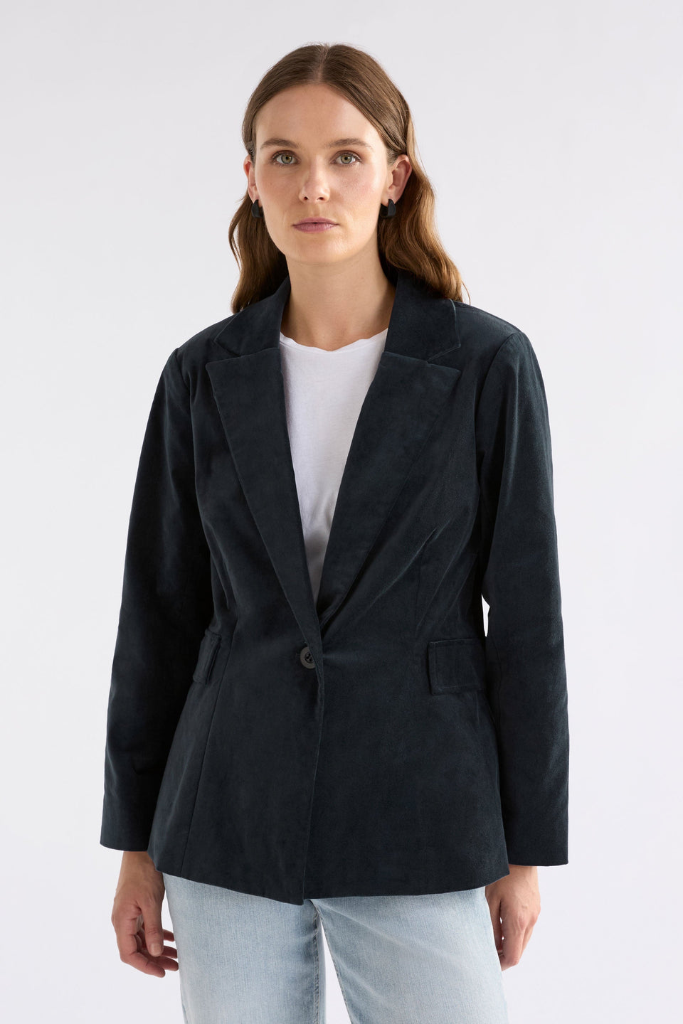 Altes Dark Blue Cut Cord Blazer Jacket Model Front | CARBON