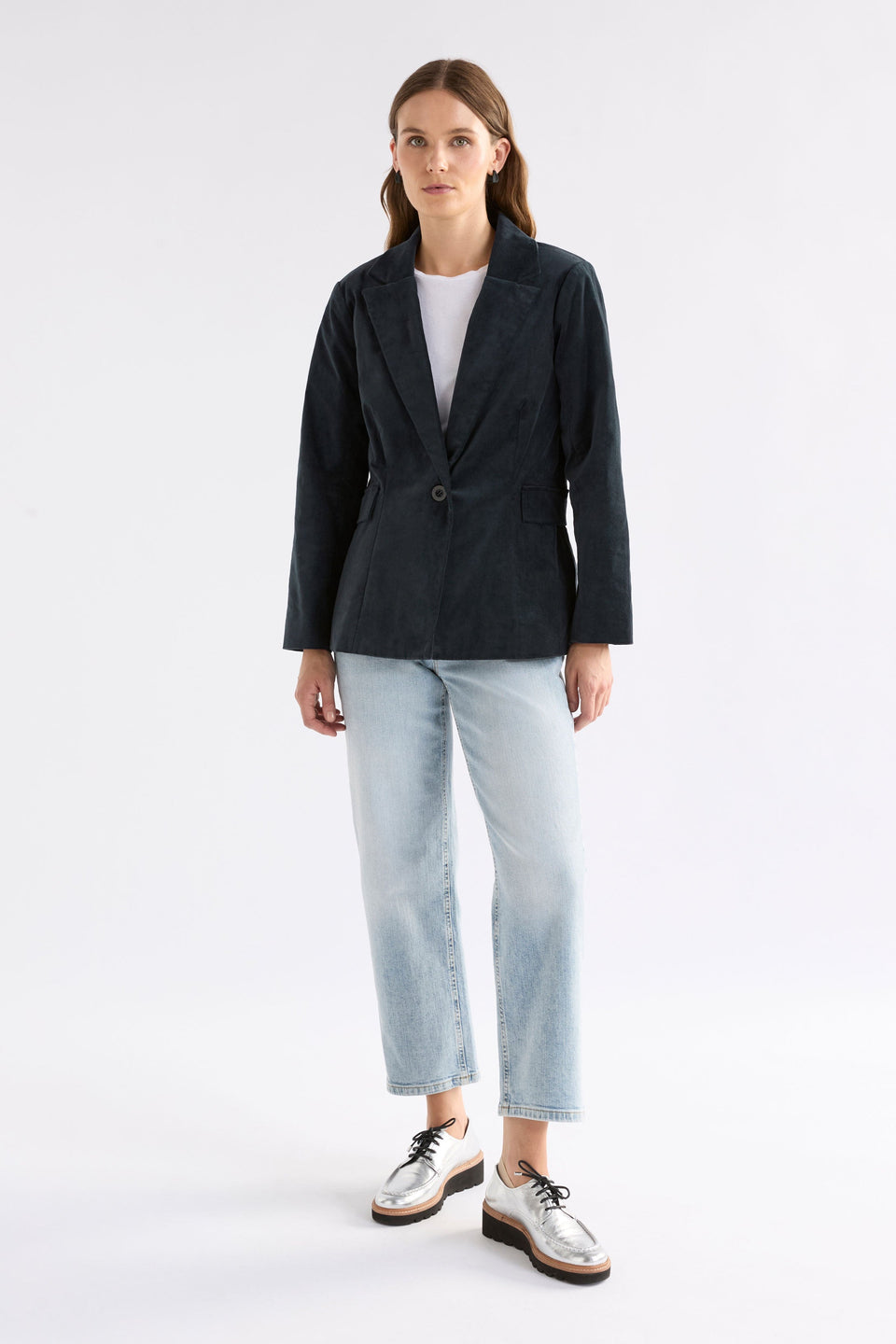 Altes Dark Blue Cut Cord Blazer Jacket Model Front Full Body | CARBON