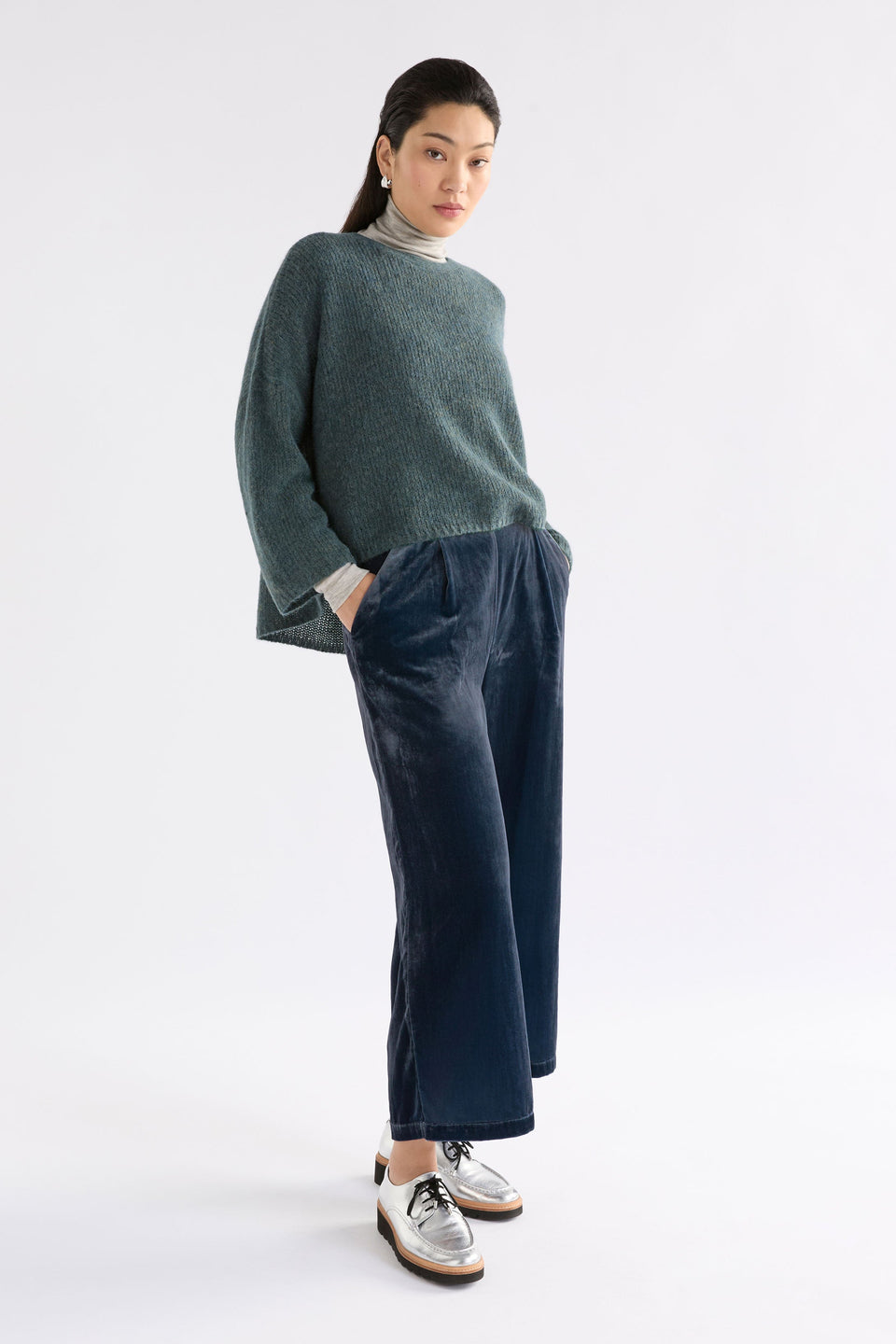 Suuri Velvet Wide Leg Elastic Waist Pant Model Angled Front | BLUE STEEL