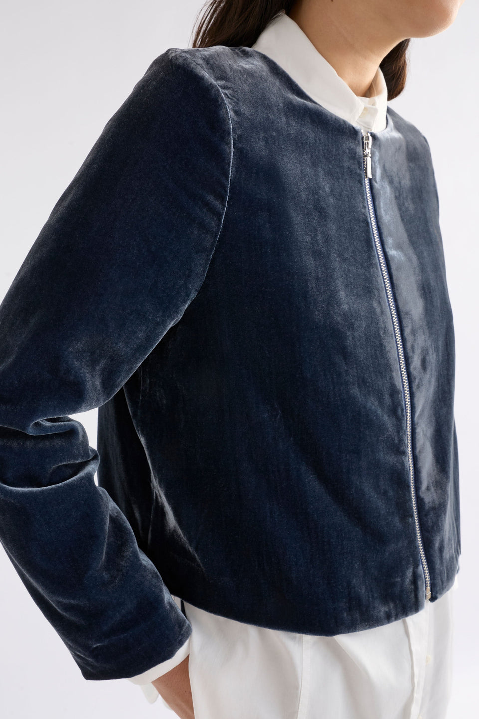 Suuri Velvet Zip Up Short Jacket Model Front Detail | BLUE STEEL