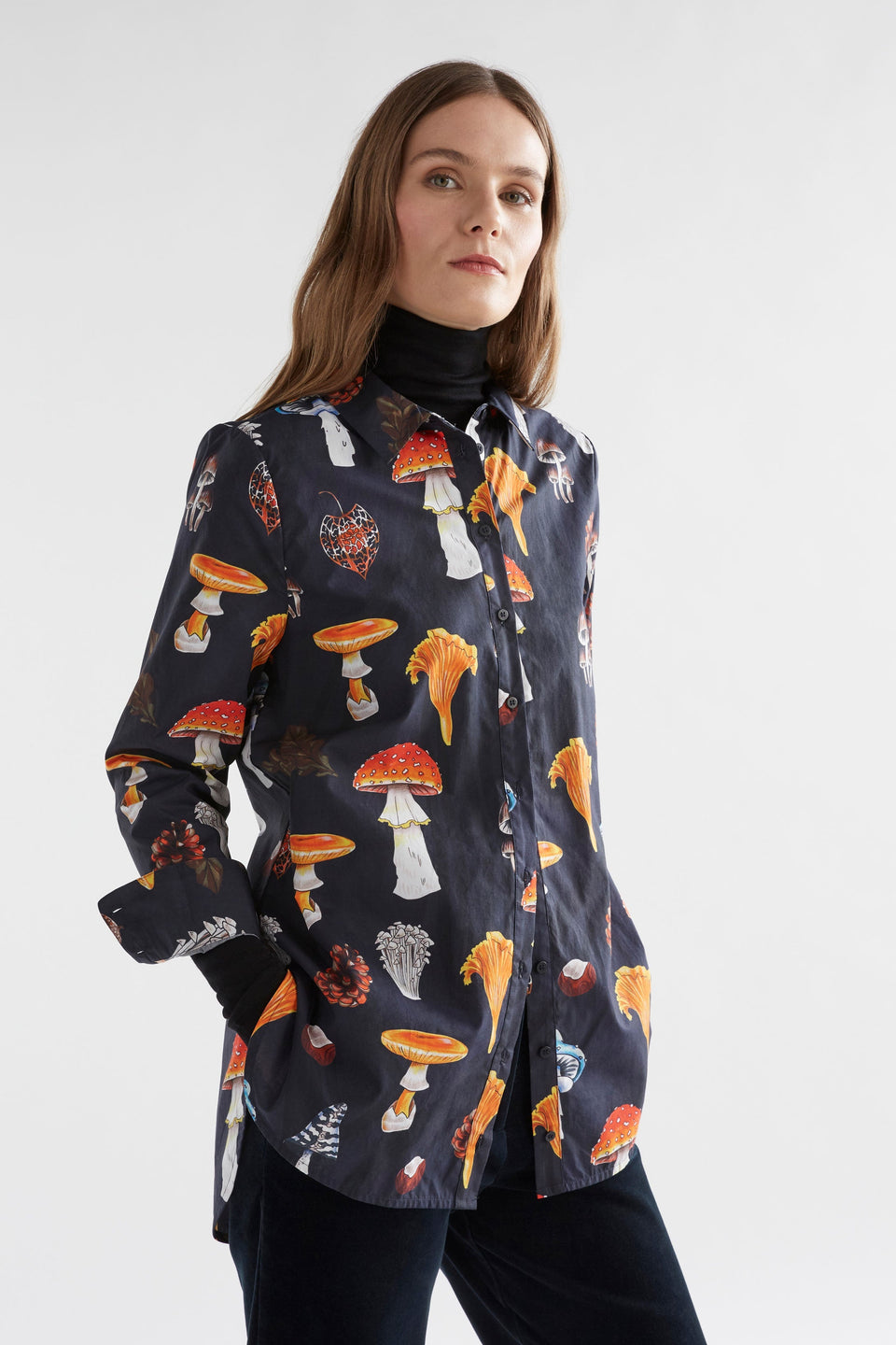 Allem Organic Cotton Mushroom Print Long Sleeve Shirt Model angled front | MUSHROOM PRINT